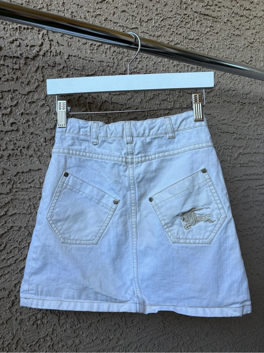 Burberry White Denim Mini Skirt with Signature Plaid Waist